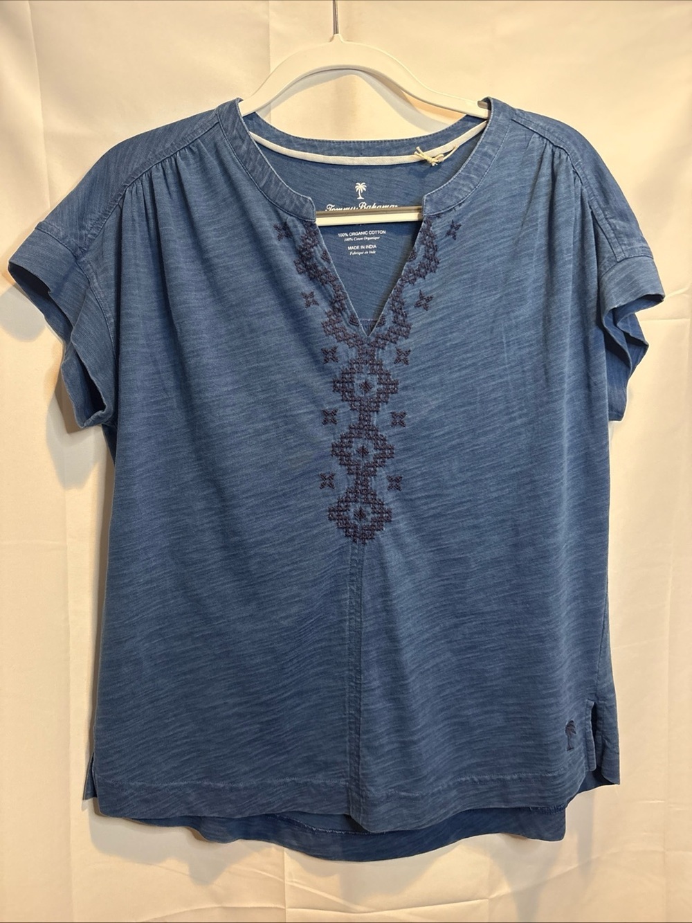 Tommy Bahama Indigo Blue Embroidered V-Neck Short Sleeve Top
